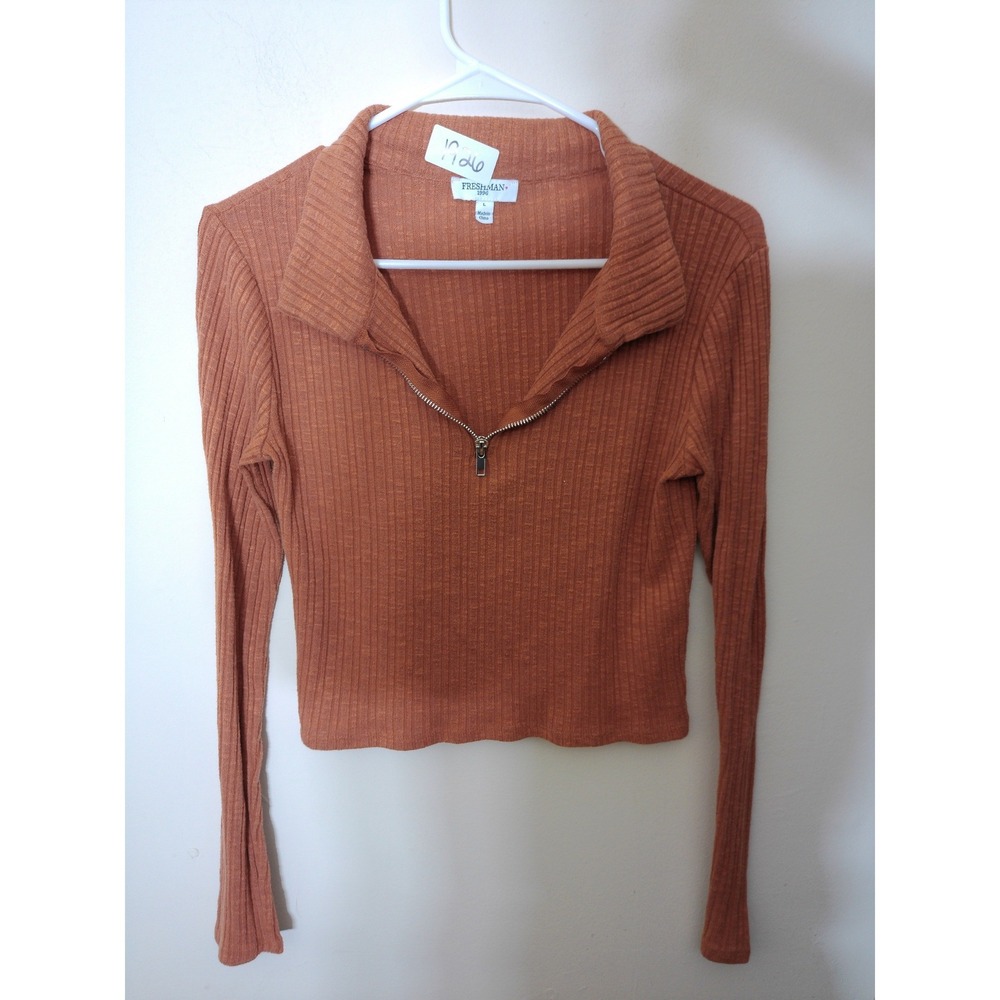 Freshman 1996 Top Women L Orange Ribbed Quarter Zip Long Sleeve Crop Academia